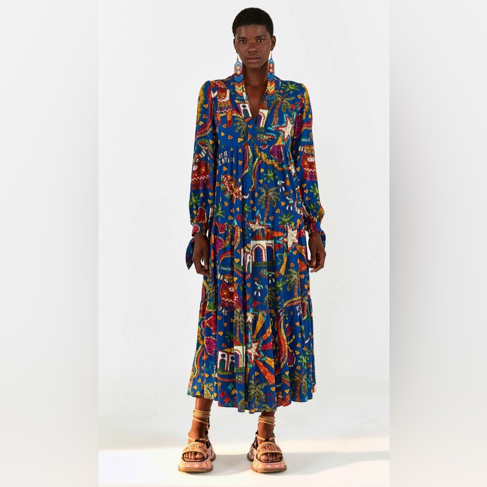 Farm Rio Blue Folky Party Maxi Dress